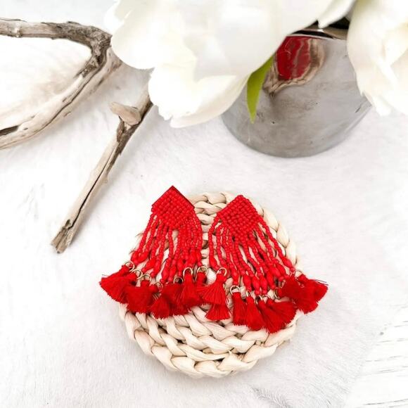 New Plunder "Monique" Red Seed Bead Tassel Earrings (3") - Picture 3 of 5